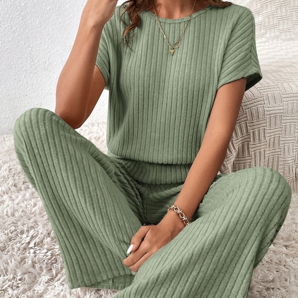 Ribbed Short Sleeve Wide Leg Jumpsuit