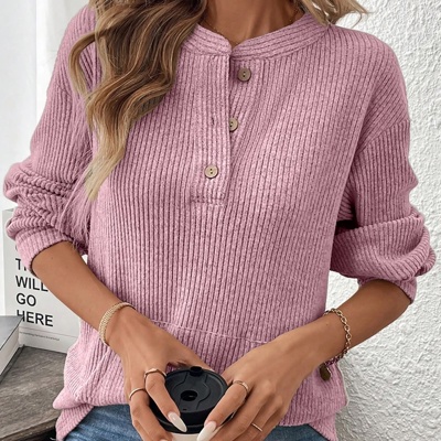 MY DREAM LIFE | Ribbed  Henley Knit Front Pouch Pocket Top | S-XL