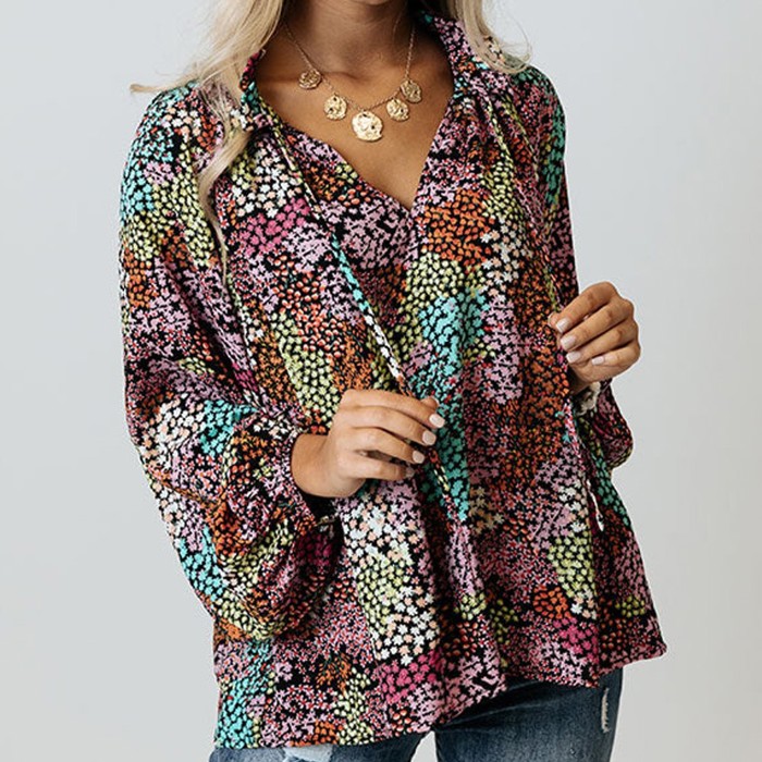 Vibrant Floral Tie V-Neck Blouse | Free Shipping