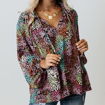 Vibrant Floral Tie V-Neck Blouse | Free Shipping