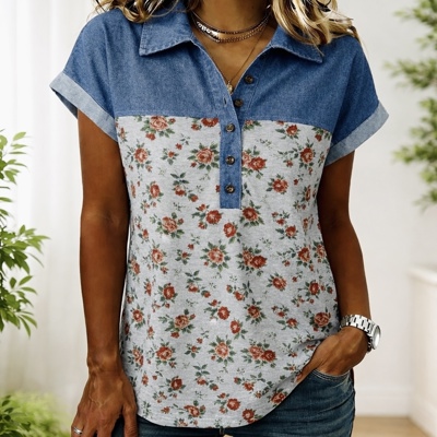 Gorgeous Retro Garden Denim Patchwork Buttoned Collar | S-XL