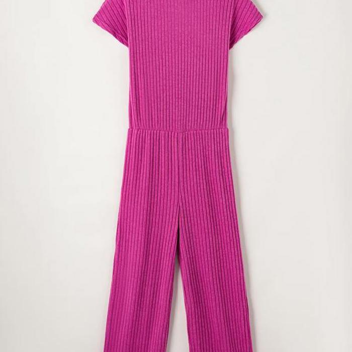 Ribbed Short Sleeve Wide Leg Jumpsuit Loungewear | S-XXL