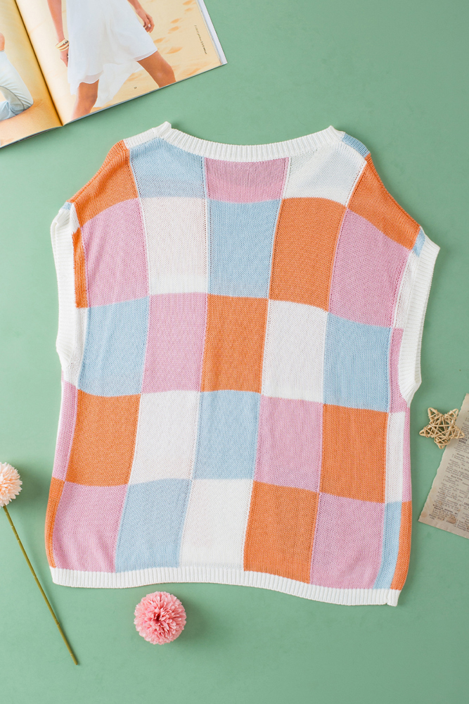 Checkered Color Block Cap Sleeve Sweater