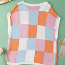  Checkered Color Block Cap Sleeve Sweater