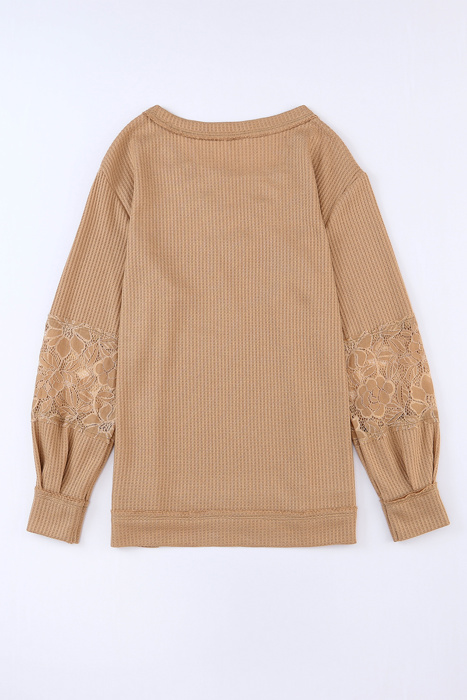 Waffle And Floral Lace Long Sleeve Top | S-XL