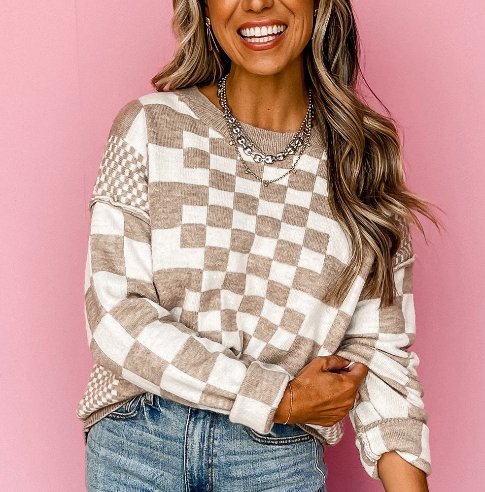 Checkered Drop Shoulder Round Neck Sweater