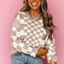  Checkered Drop Shoulder Round Neck Sweater