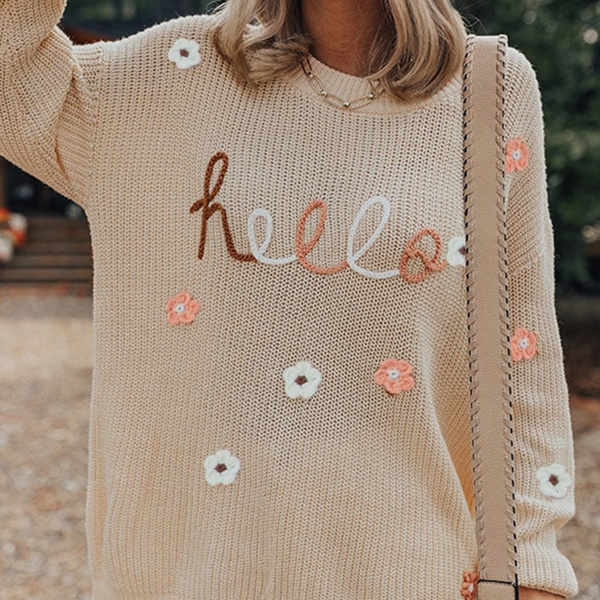 Hello Floral Embroidered Knit Loose Sweater