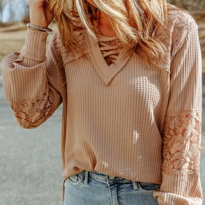 Waffle And Floral Lace Long Sleeve Top | S-XL