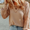 Waffle And Floral Lace Long Sleeve Top | S-XL