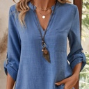 Notched V Neck Roll up 3/4 Sleeve Blouse | S-XL