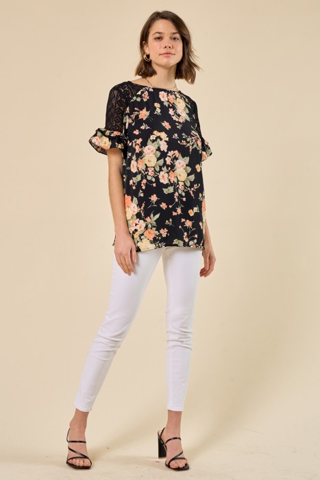 Floral Lace Ruffle Sleeve Top
