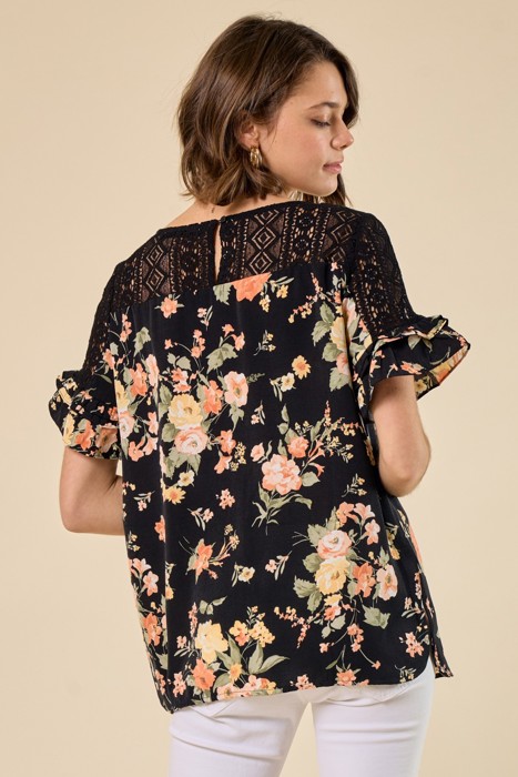 Floral Lace Ruffle Sleeve Top