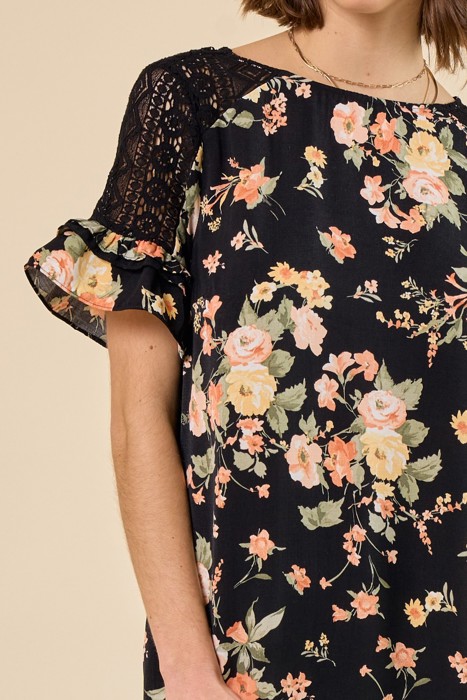 Floral Lace Ruffle Sleeve Top