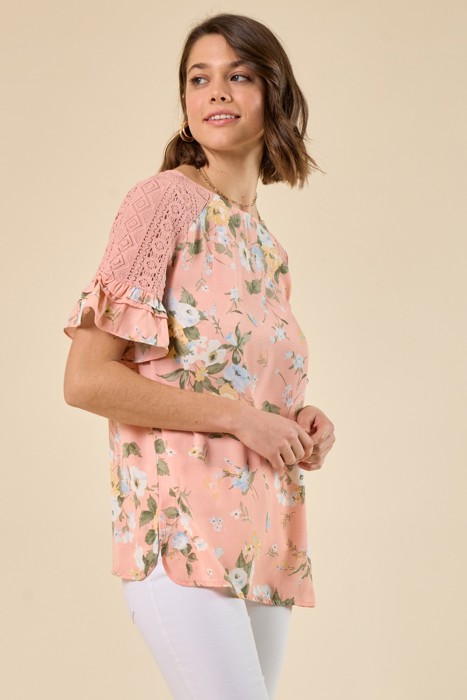Floral Lace Ruffle Sleeve Top
