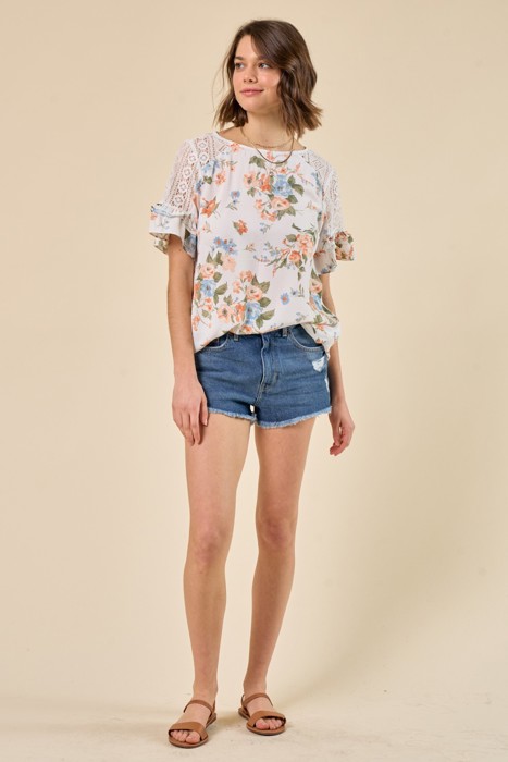 Floral Lace Ruffle Sleeve Top