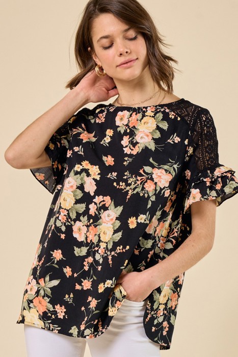 Floral Lace Ruffle Sleeve Top