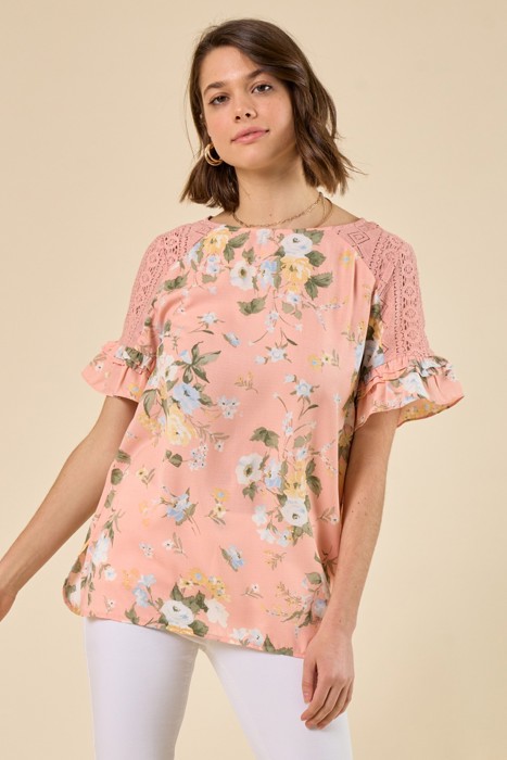 Floral Lace Ruffle Sleeve Top