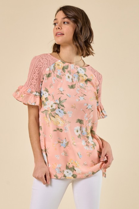 Floral Lace Ruffle Sleeve Top