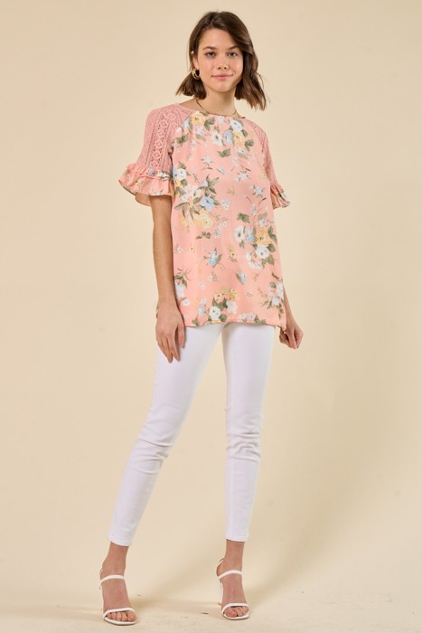 Floral Lace Ruffle Sleeve Top