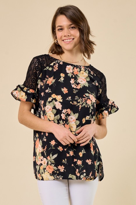 Floral Lace Ruffle Sleeve Top