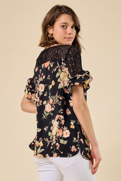 Floral Lace Ruffle Sleeve Top