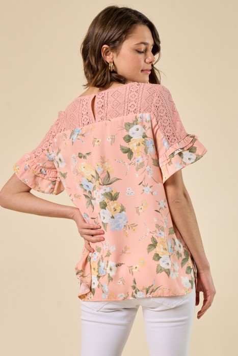 Floral Lace Ruffle Sleeve Top