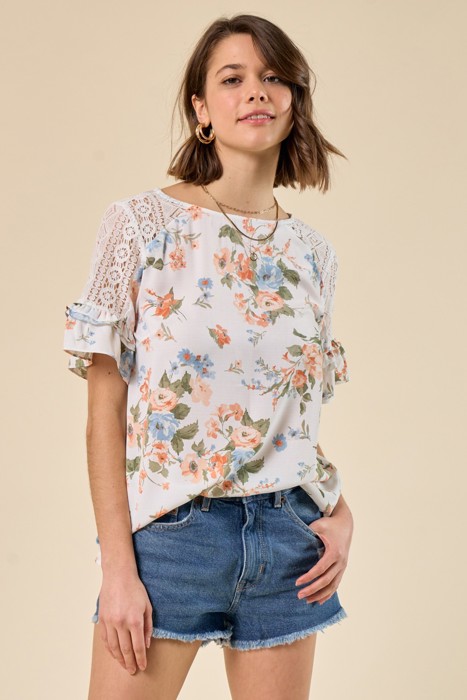 Floral Lace Ruffle Sleeve Top