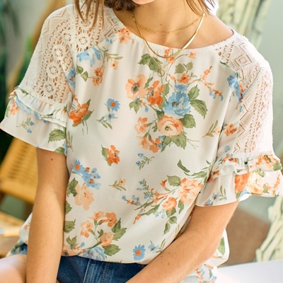 Floral Lace Ruffle Sleeve Top