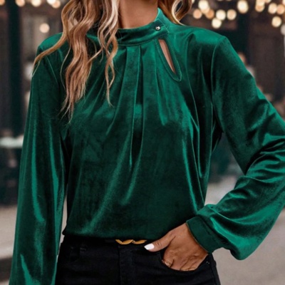 MY DREAM LIFE | Asymmetric Button Keyhole Neck Velvet Blouse | S-XL