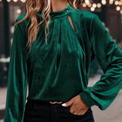 MY DREAM LIFE | Asymmetric Button Keyhole Neck Velvet Blouse | S-XL