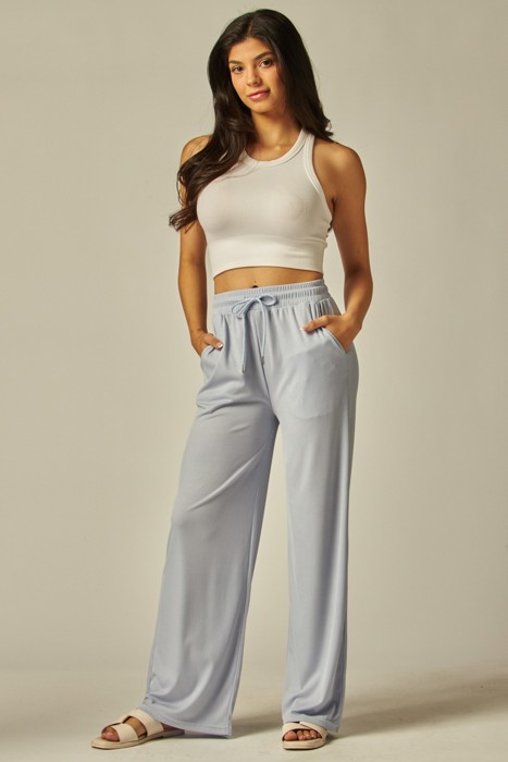 Stretchy Ribbed Drawstring Pocket Wide Leg Pants
