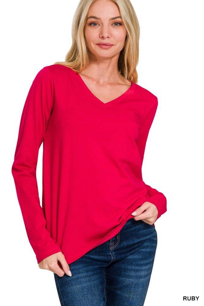 COTTON v-neck Long Sleeve Top | S-XL 