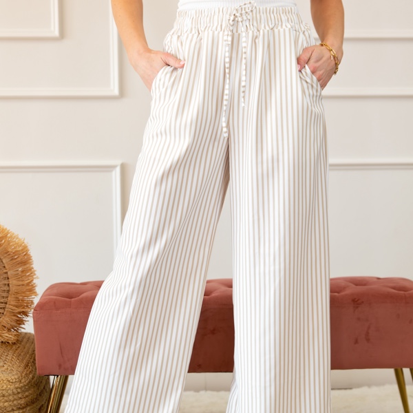 Stripe Wide Leg Adjustable Drawstring Waist Pants | S-3X