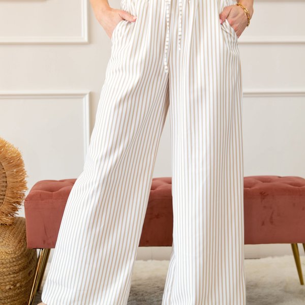 Stripe Wide Leg Adjustable Drawstring Waist Pants | S-3X