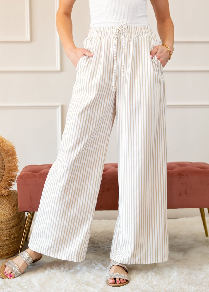 Stripe Wide Leg Adjustable Drawstring Waist Pants | S-3X