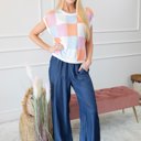  Checkered Color Block Cap Sleeve Sweater