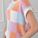  Checkered Color Block Cap Sleeve Sweater