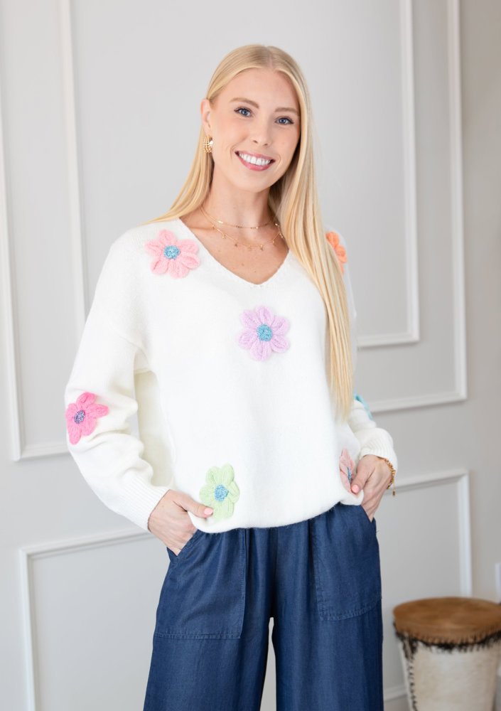 Crochet Flower V Neck Sweater