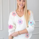  Crochet Flower V Neck Sweater