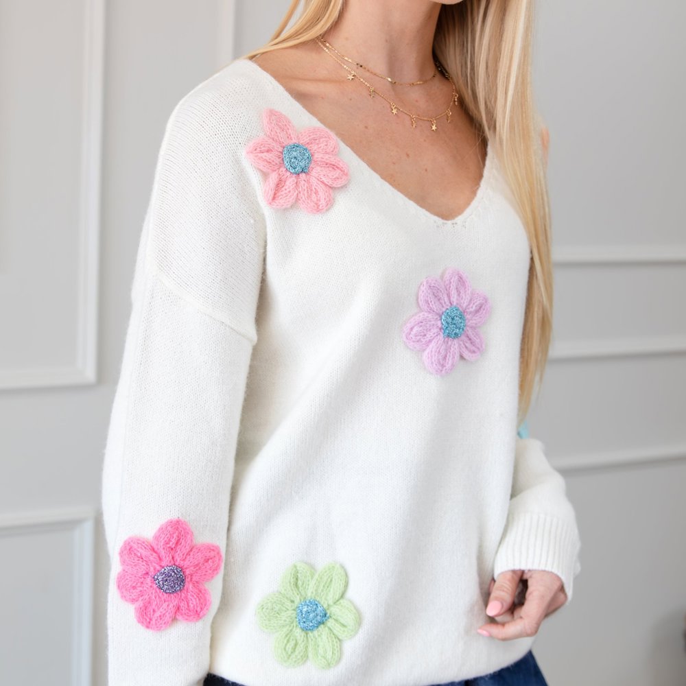 Crochet Flower V Neck Sweater