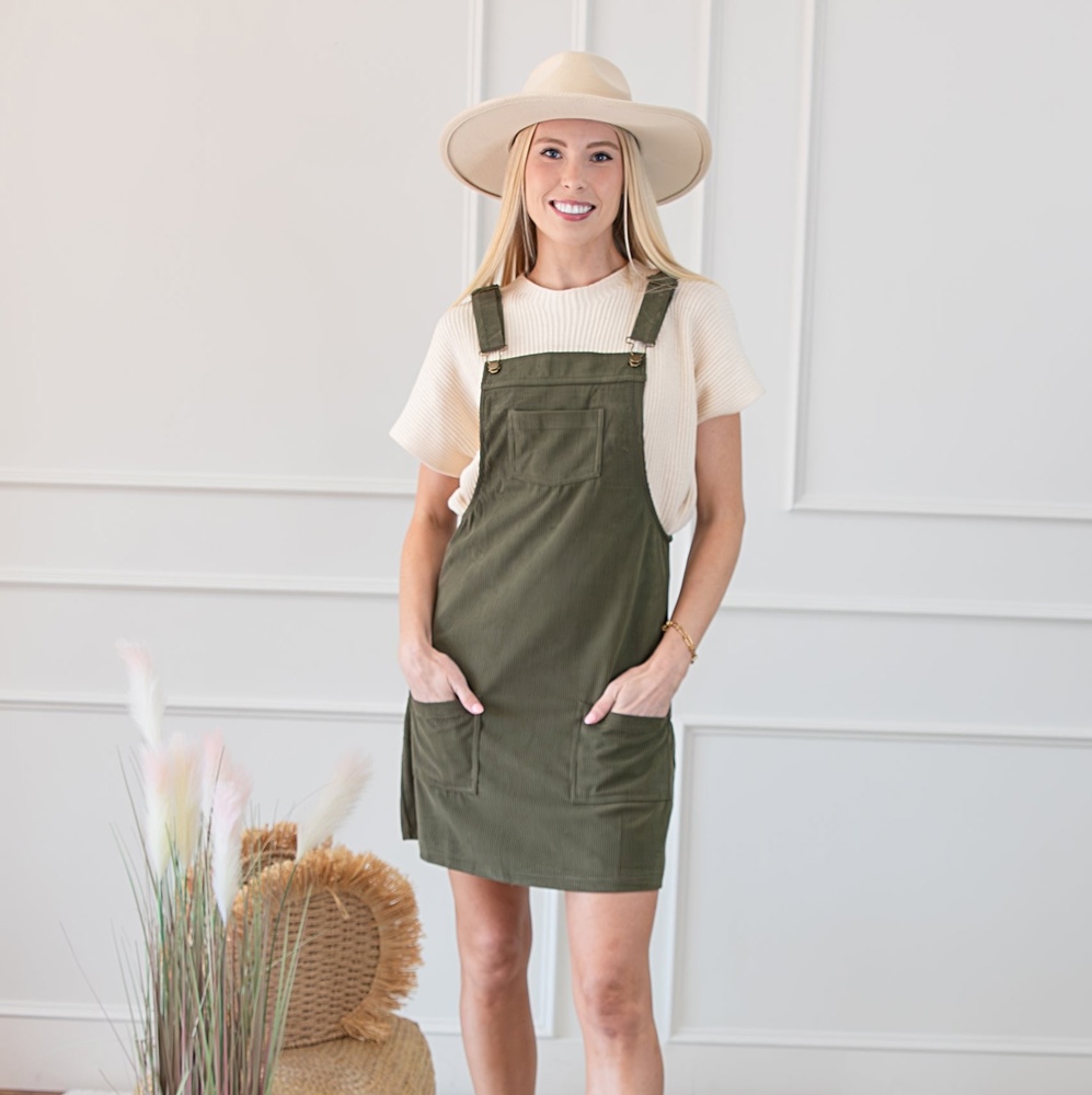 Front Pockets Corduroy Overall Dress