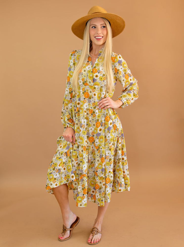 Boho Floral Collared Long Sleeve Ruffled Dress | Free Shipping