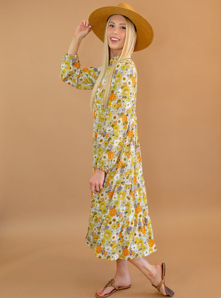 Boho Floral Collared Long Sleeve Ruffled Dress | Free Shipping