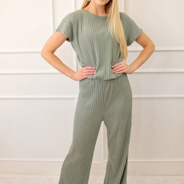 Ribbed Short Sleeve Wide Leg Jumpsuit Loungewear | S-XXL