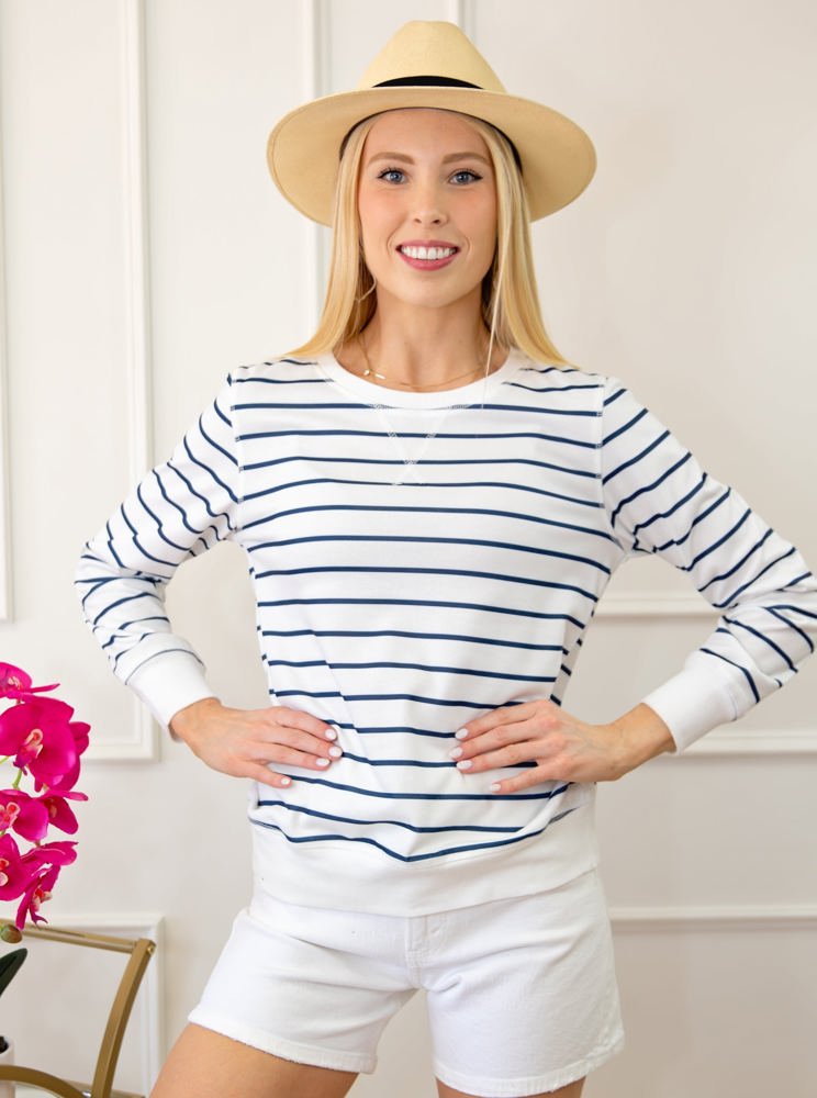 Striped Ribbed Trim Long Sleeve Top