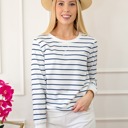  Striped Ribbed Trim Long Sleeve Top