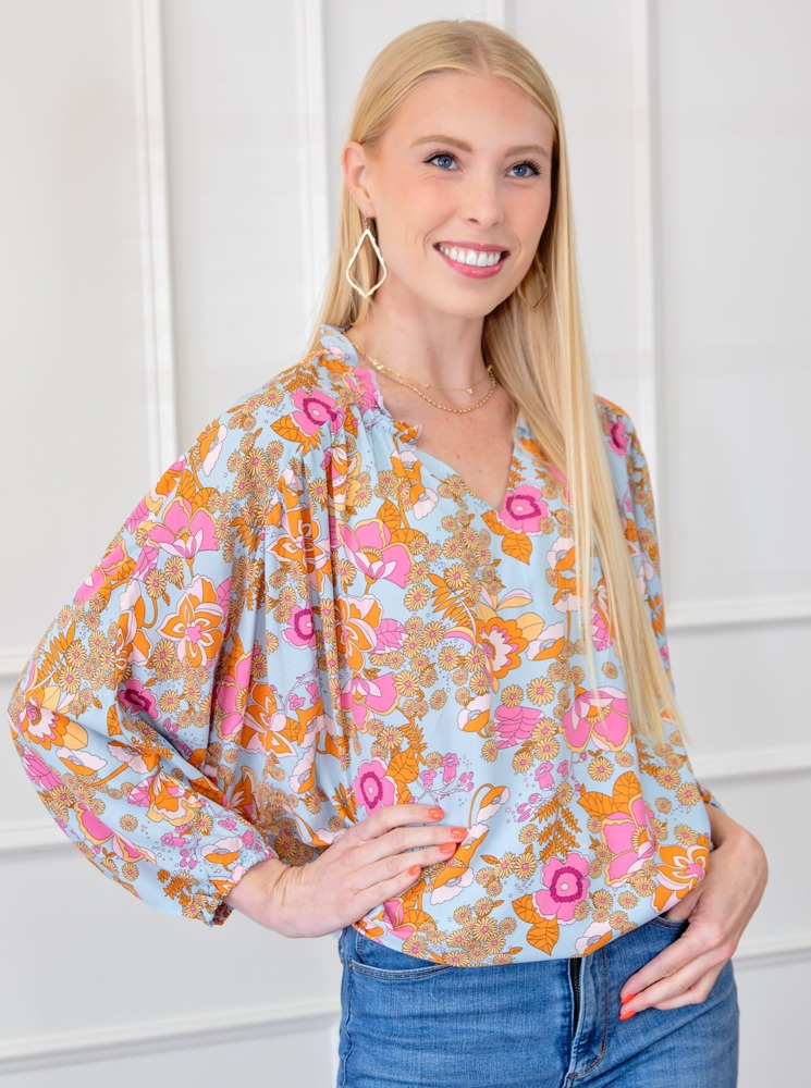 Loose Fit Ruched V-Neck Floral Blouse