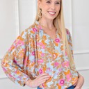  Loose Fit Ruched V-Neck Floral Blouse