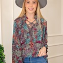  Vibrant Floral Tie V-Neck Blouse